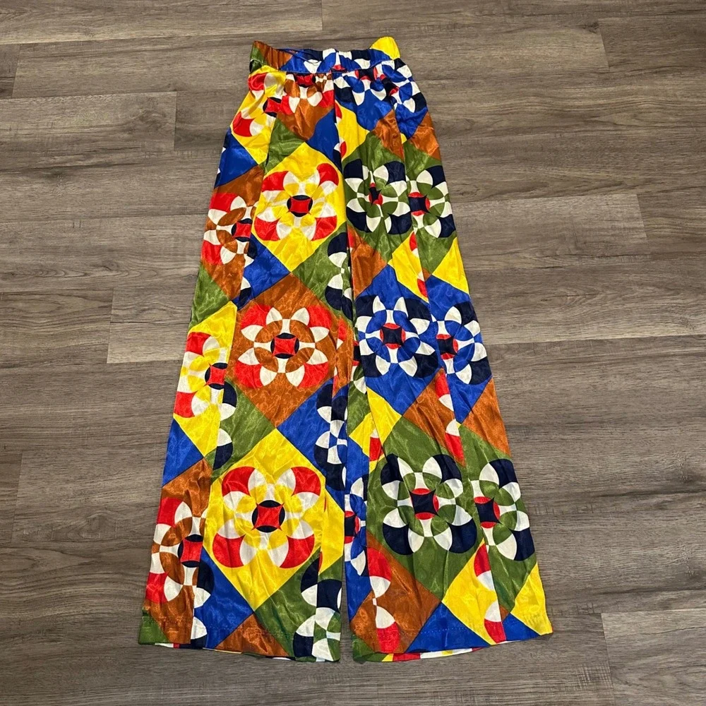 VTG Rubber Ducky 3 Piece Set Small Geometric Satin Blazer Crop Top Wide Leg Pant